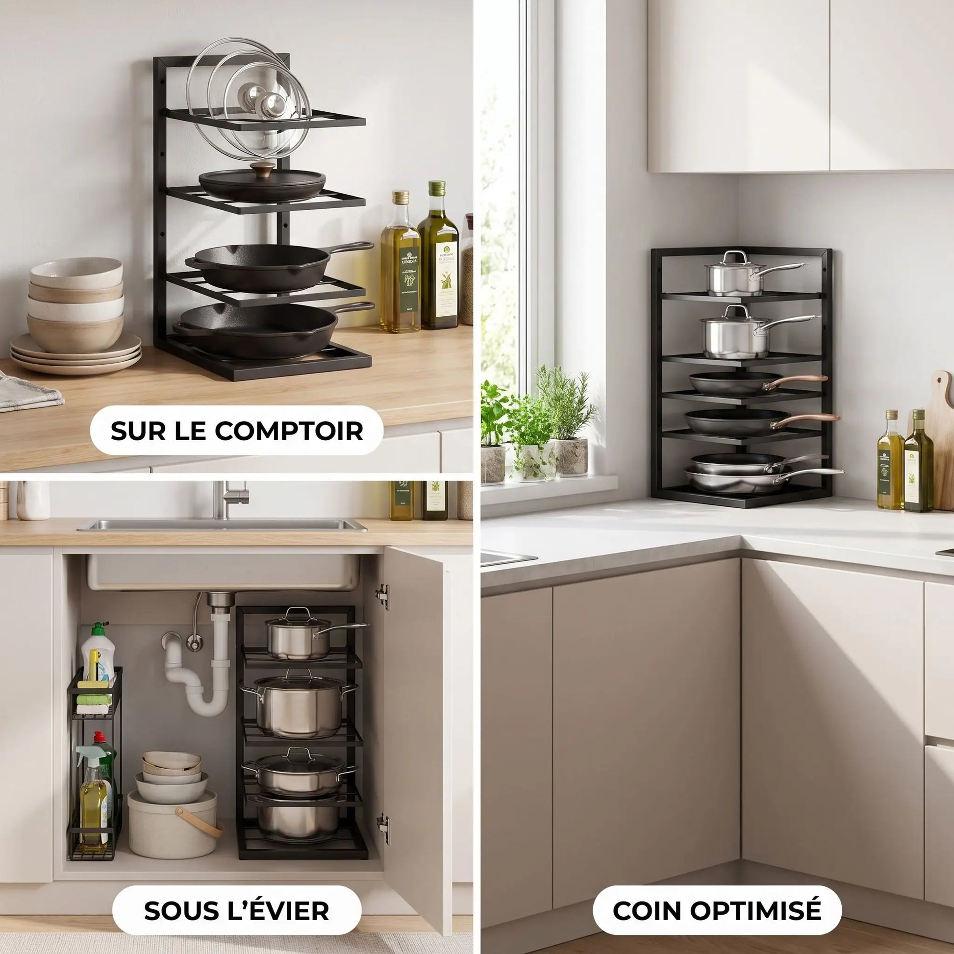 Organisateur de casserole vertical noir utilisé sur comptoir sous évier et dans un coin de cuisine