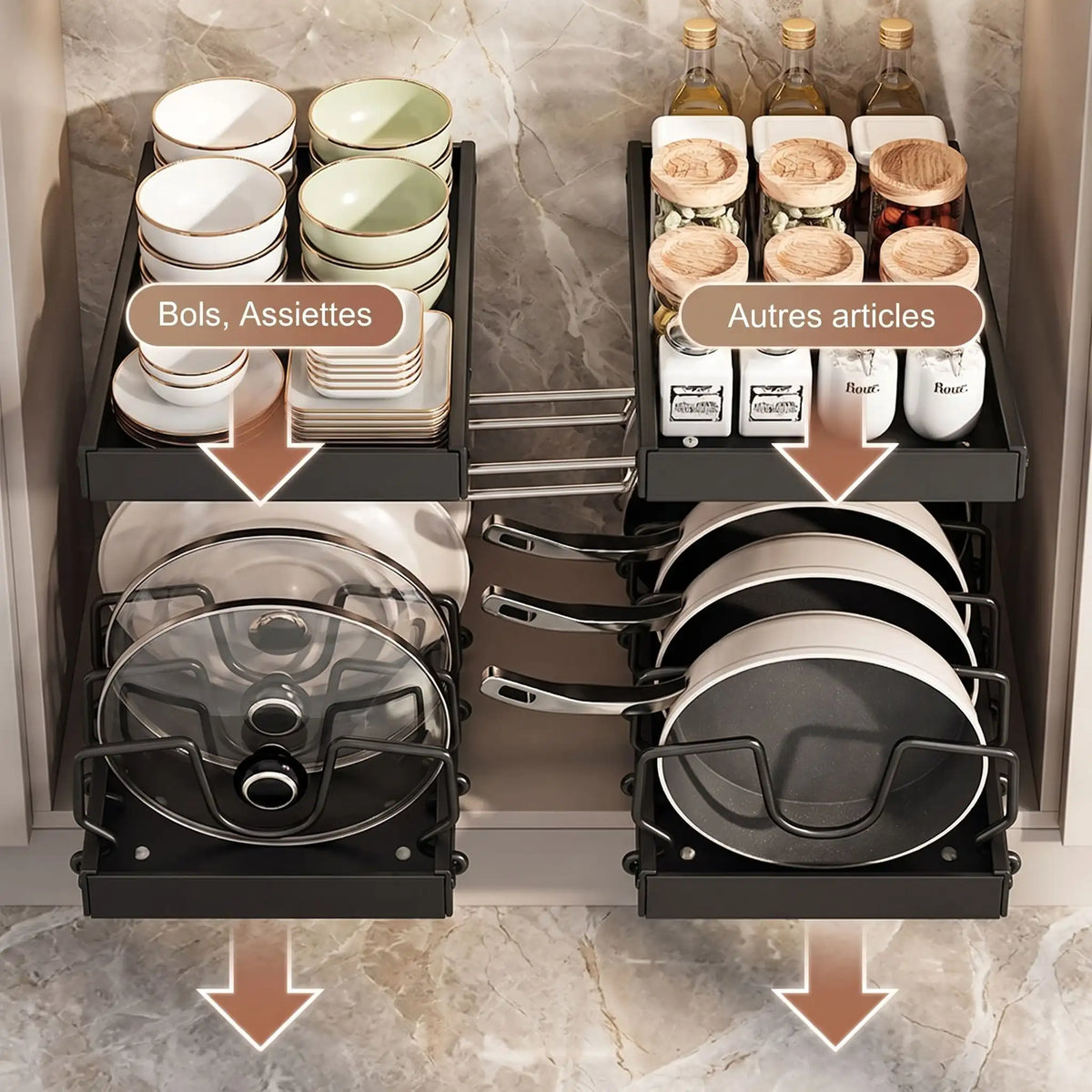 Organisateur de casseroles coulissant noir polyvalent bocaux couvercles poêles