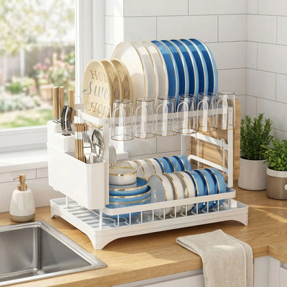 égouttoir à vaisselle blanc double niveau avec support planche à découper, grande capacité pour assiettes, bols et tasses, bac inclinable pour drainage automatique