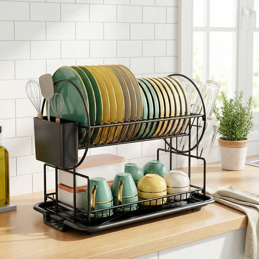 égouttoir vaisselle double niveau pour organiser assiettes, verres et couverts