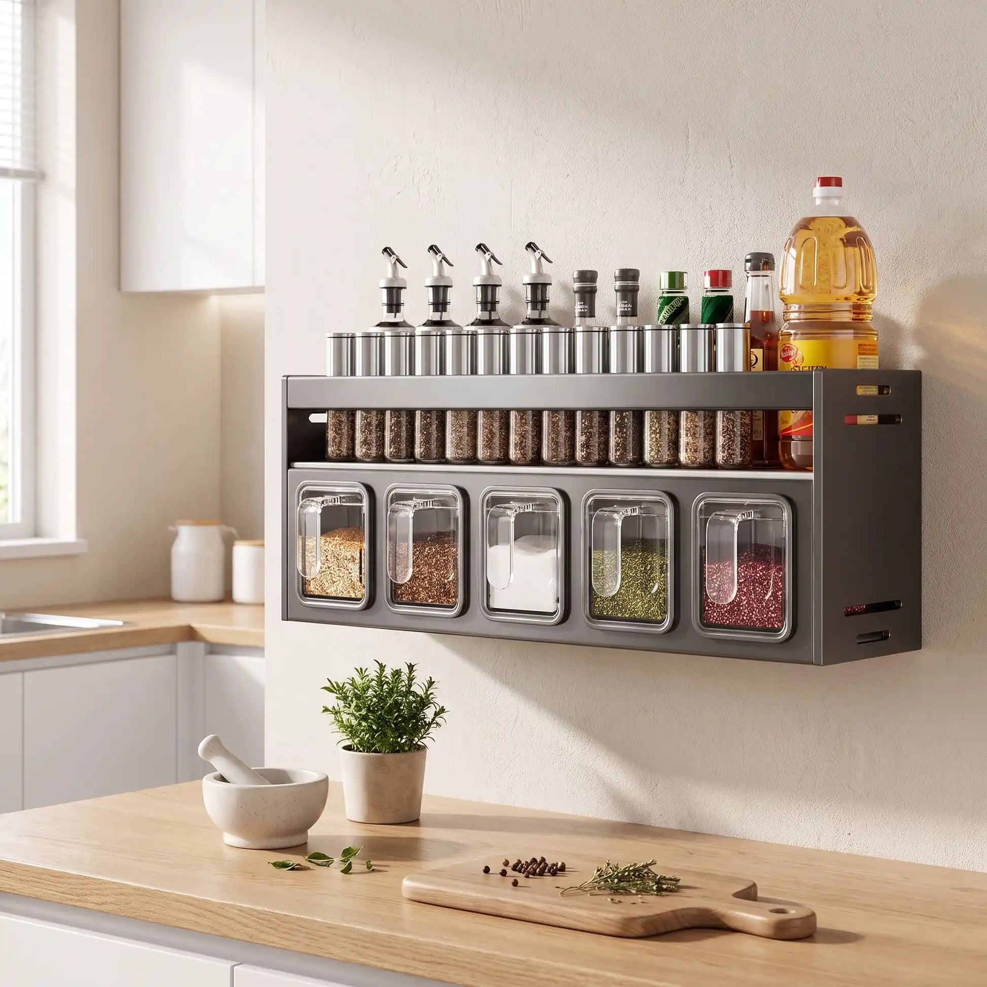 étagère à épices murale grise anthracite fixée au mur dans une cuisine moderne