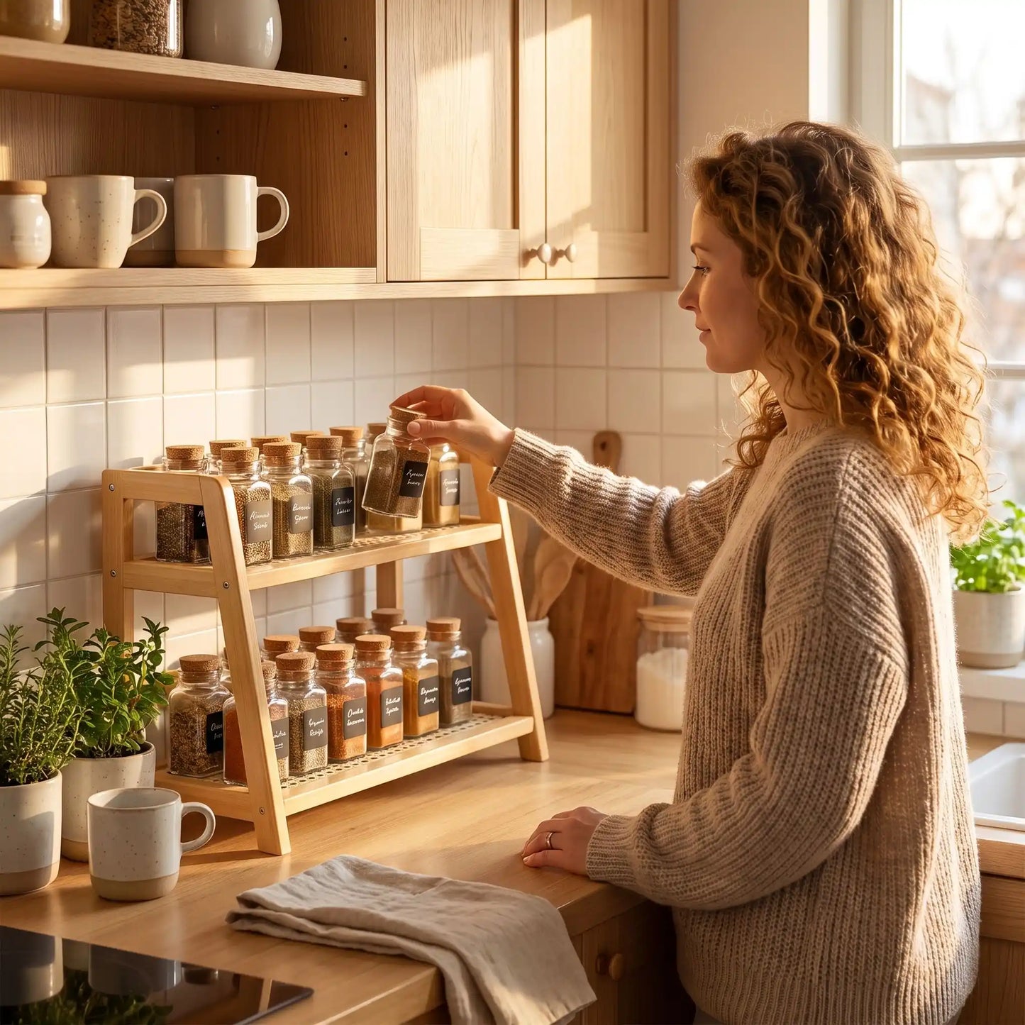 etagere cuisine bois femme range epices plan de travail
