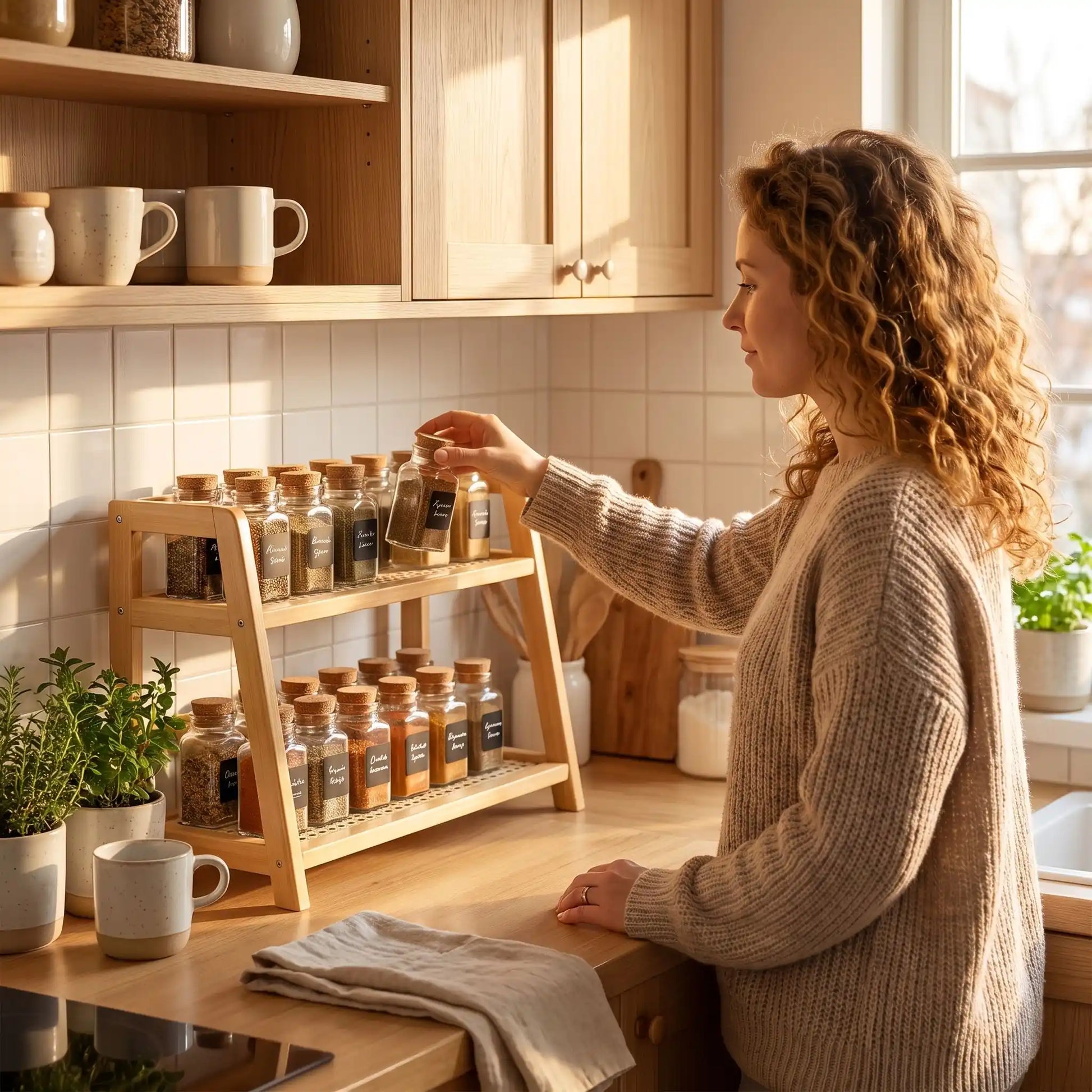 etagere cuisine bois femme range epices plan de travail