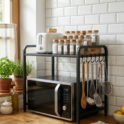 étagère pour micro-onde noire vue complète épices bocaux et ustensiles accrochés cuisine bois naturel carrelage blanc