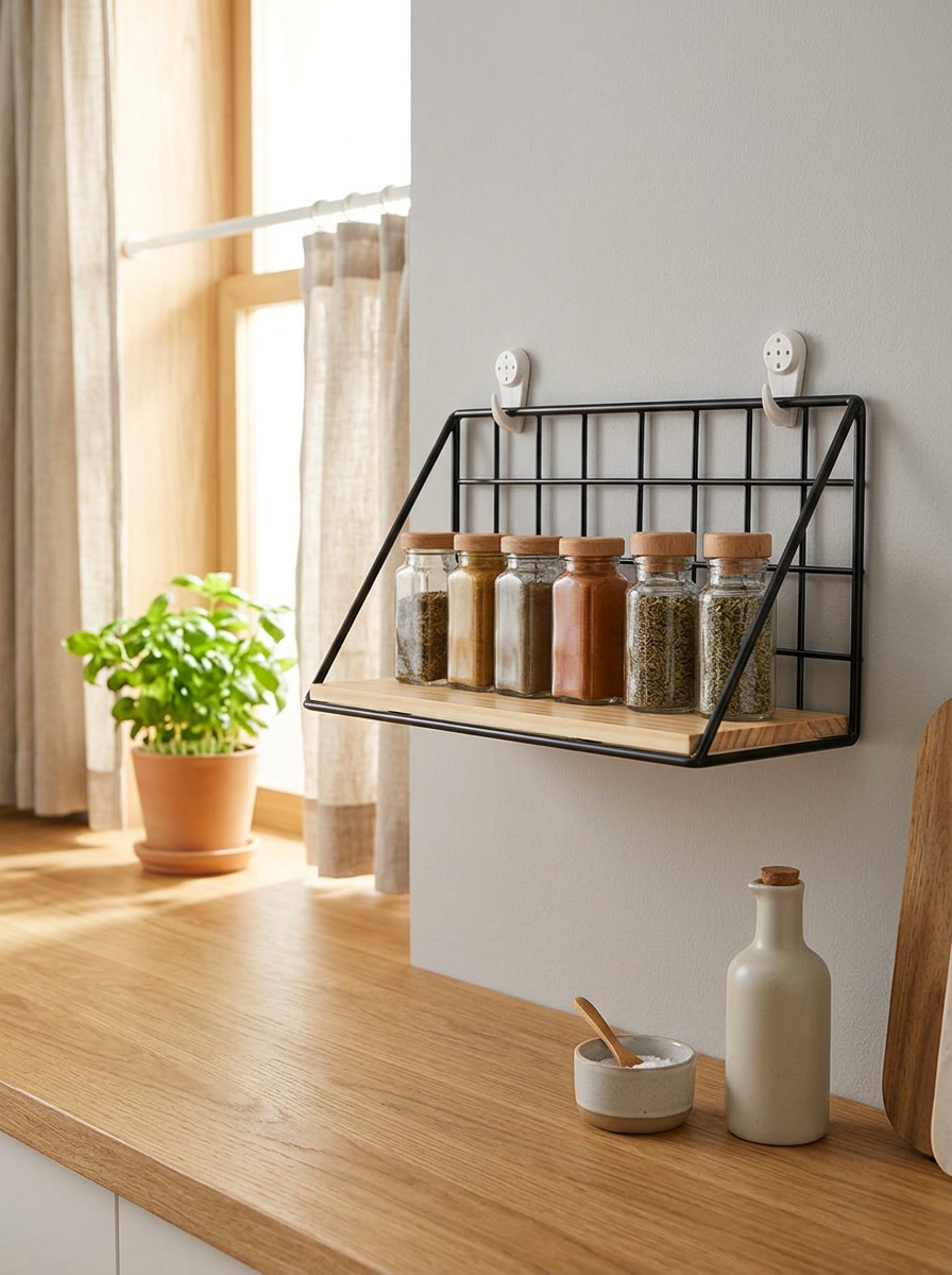 étagère murale cuisine métal bois avec bocaux d'épices dans une cuisine scandinave lumineuse