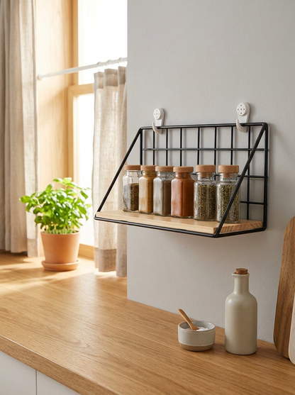 étagère murale cuisine métal bois avec bocaux d'épices dans une cuisine scandinave lumineuse