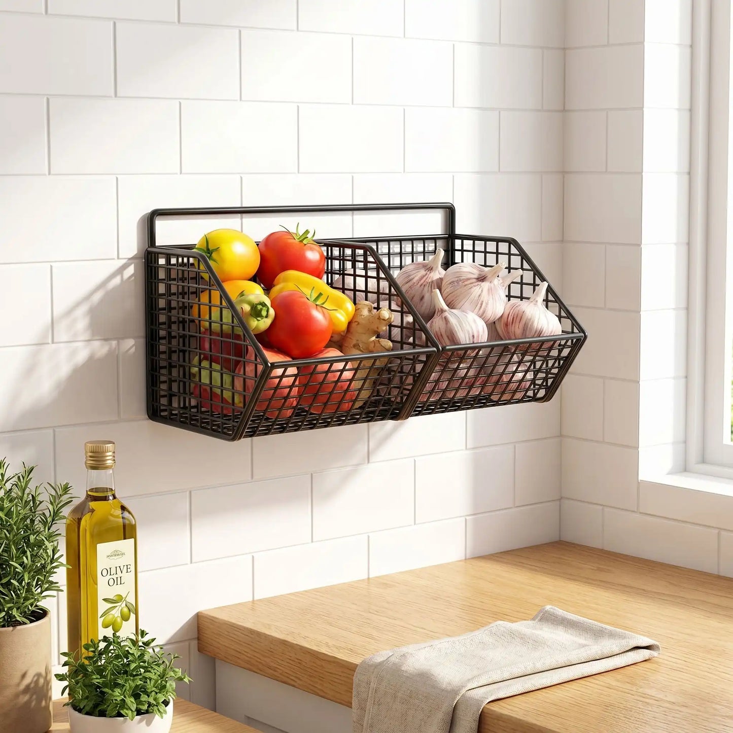 étagère murale cuisine variante noir 2 compartiments fil métallique fond blanc
