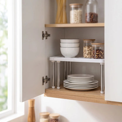 etagere placard cuisine extensible blanche plateau à fentes pieds inox fond neutre