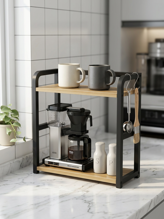étagère pour cuisine noire métal vue ensemble comptoir moderne cafetière bocaux rangement
