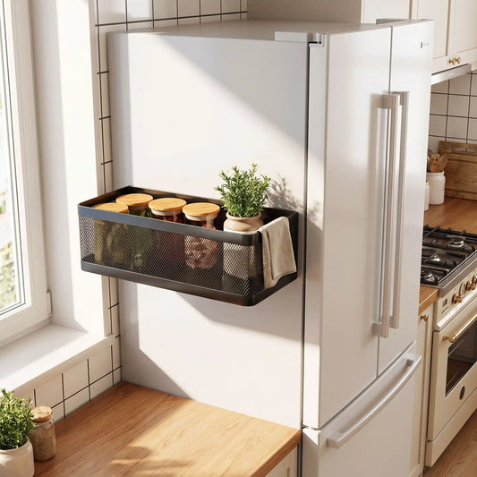 étagère pour cuisine noire fixée sur frigo avec épices cuisine lumineuse