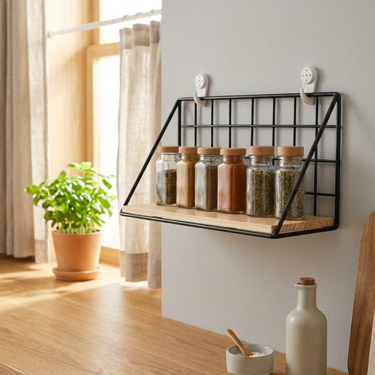 étagère murale cuisine métal bois avec bocaux d'épices dans une cuisine scandinave lumineuse