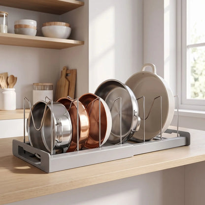 organisateur casserole extensible gris casseroles et poêles rangées debout dans un placard