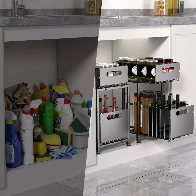 Organisateur coulissant cuisine sous evier avant apres range