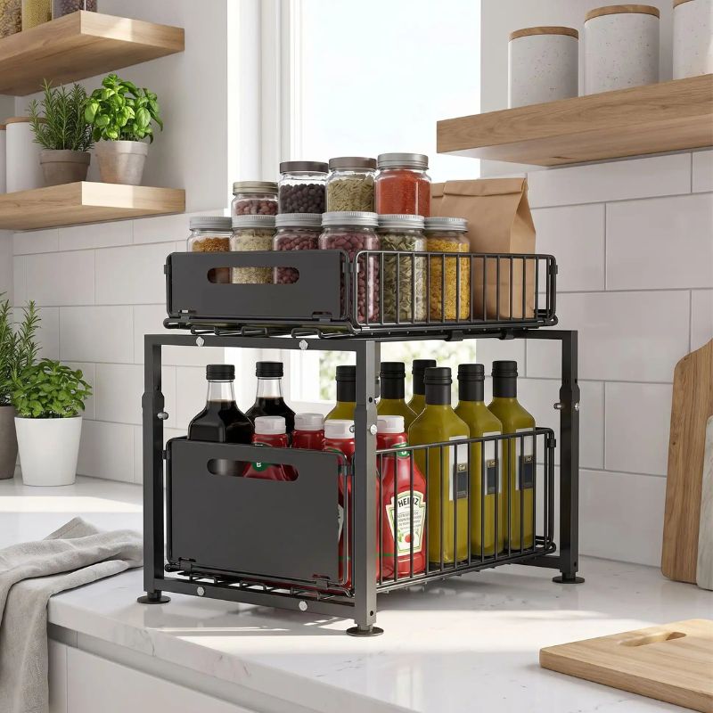 Organisateur coulissant cuisine taille sous evier meuble standard noir