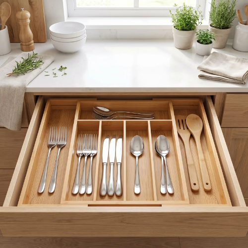 Organisateur pour tiroir en bambou installé dans un tiroir de cuisine avec couverts et ustensiles rangés