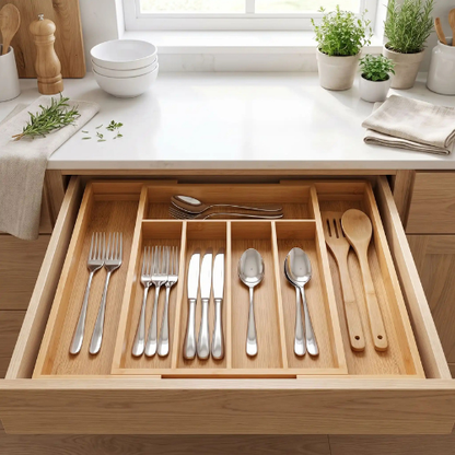 Organisateur pour tiroir en bambou installé dans un tiroir de cuisine avec couverts et ustensiles rangés
