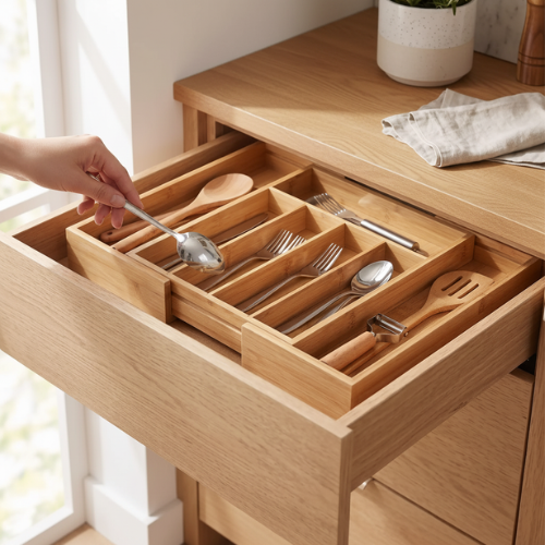 Main rangeant une cuillère dans un organisateur pour tiroir en bambou installé dans un tiroir de cuisine