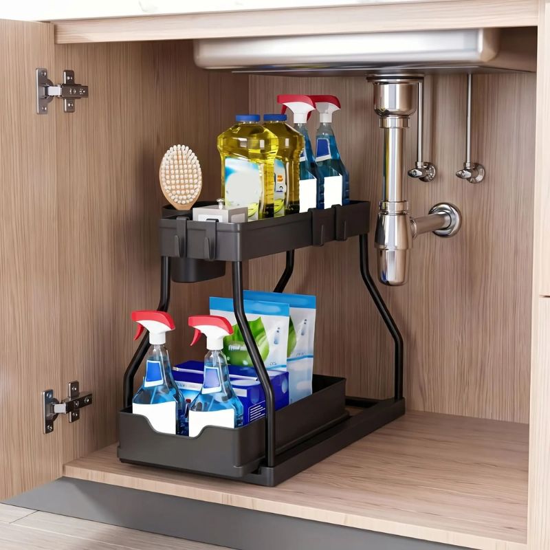 organisateur sous évier noir placard cuisine