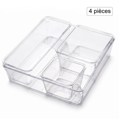 organisateur tiroir cuisine lot 4 pièces bacs transparents grand long moyen petit