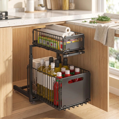 panier coulissant cuisine 2 niveaux placard rempli