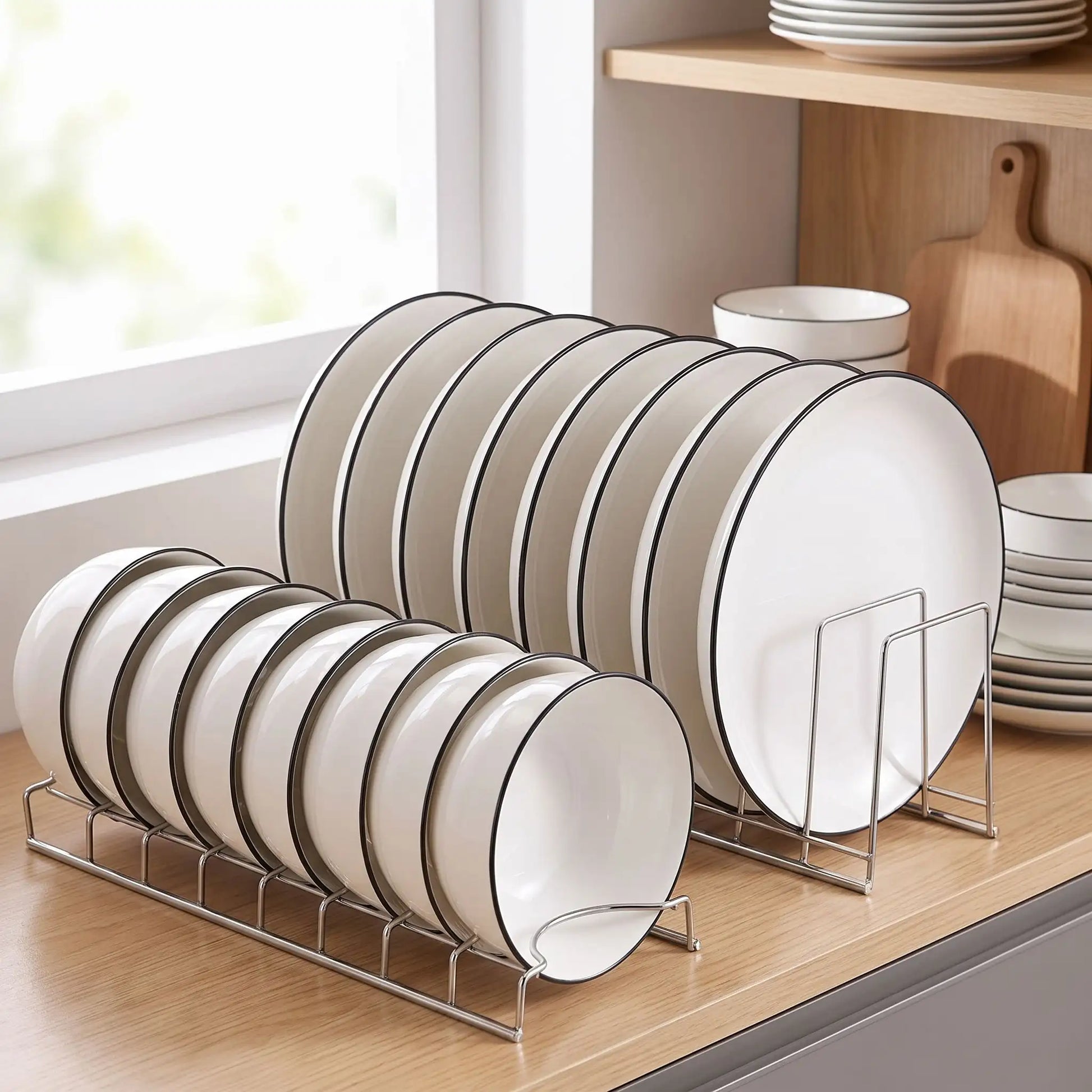 porte assiette inox assiettes rangées debout dans un placard de cuisine
