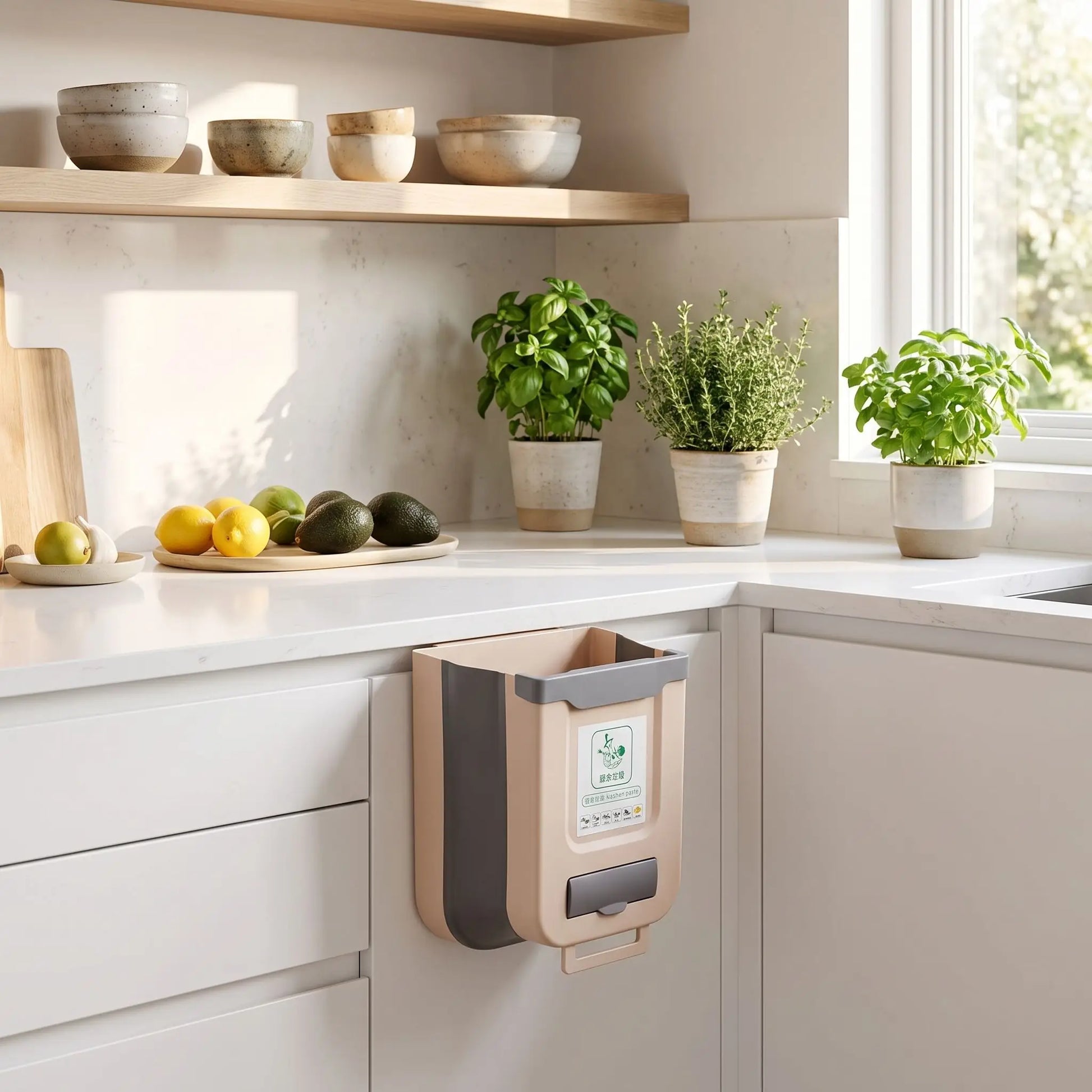 Poubelle murale pliante beige accrochée porte placard cuisine