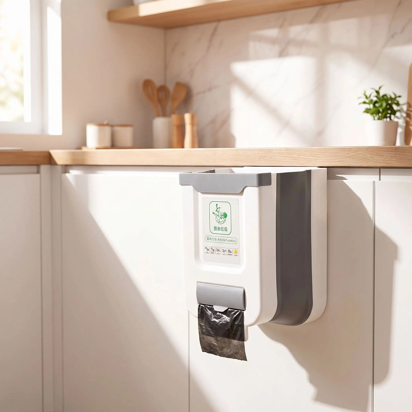 Poubelle murale pliante blanche accrochée porte placard cuisine