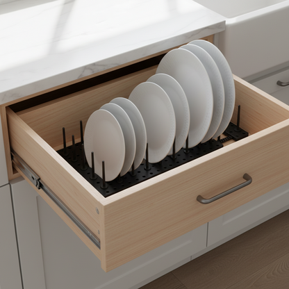 Range assiette noir tiroir bois vue de dessus