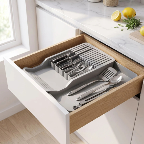 Range couteau tiroir gris extensible sur fond blanc