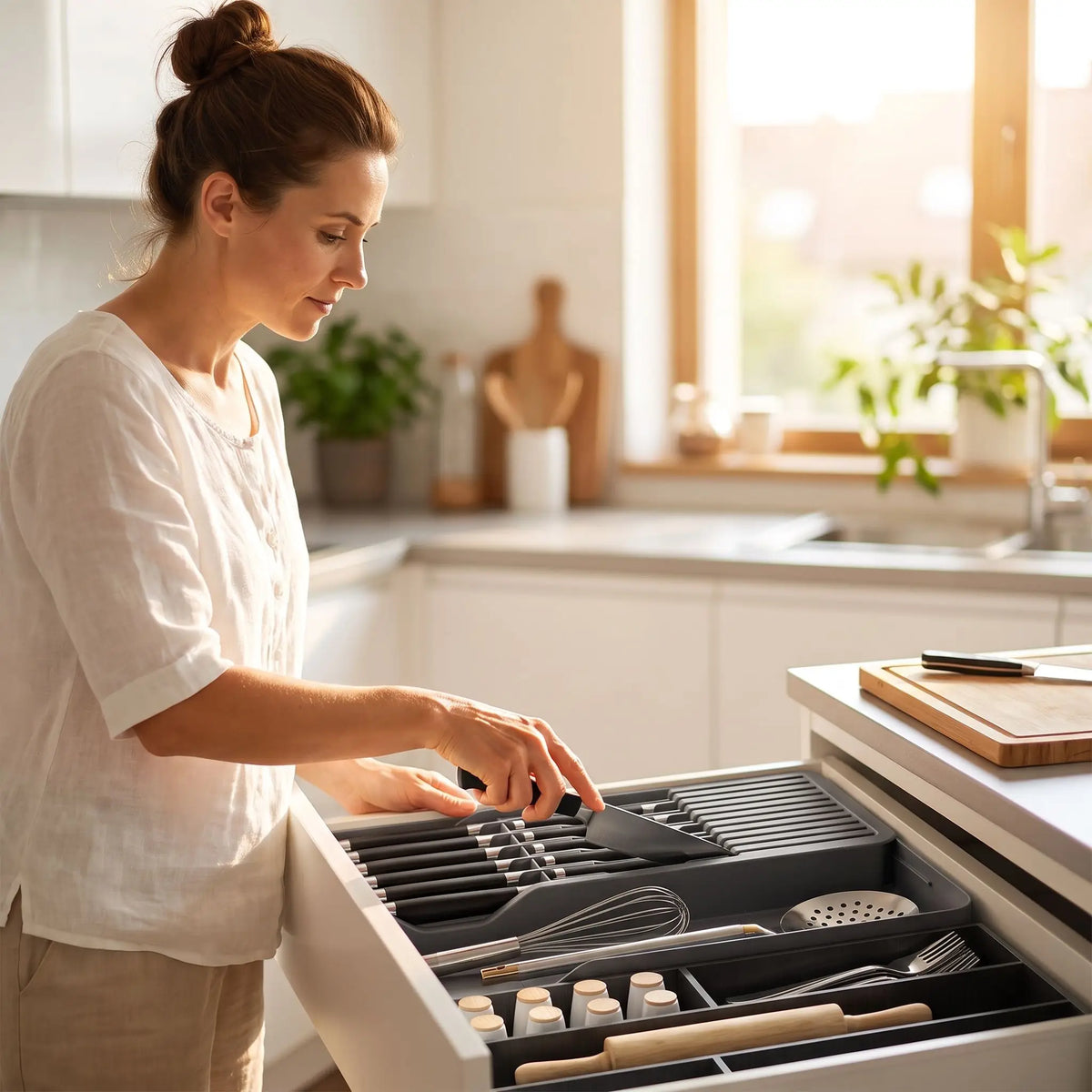 range couteaux tiroir main attrape couteau cuisine gris