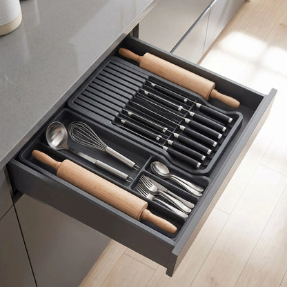 range couteaux tiroir ustensiles compartiments cuisine gris