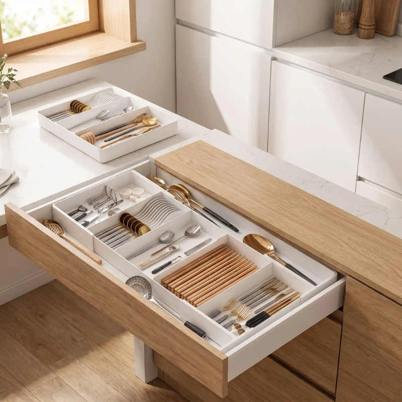 range couverts blanc tiroir et plan de travail cuisine
