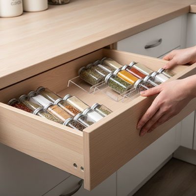 Range epice tiroir plateau acrylique transparent vue ensemble