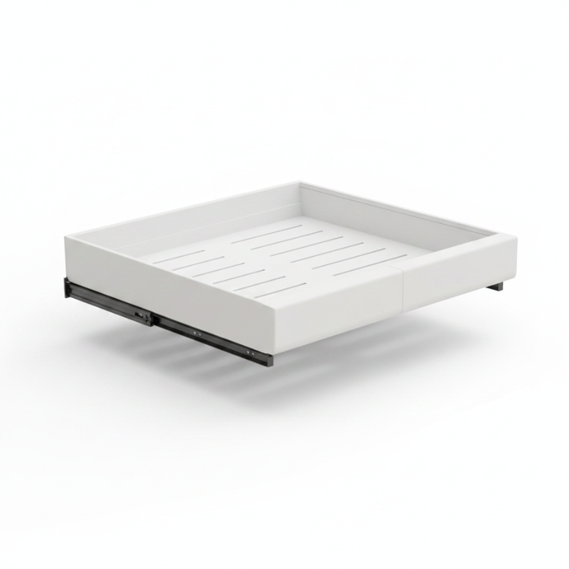 Rangement coulissant cuisine blanc plateau lamelles fond blanc