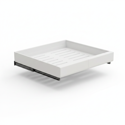 Rangement coulissant cuisine blanc plateau lamelles fond blanc
