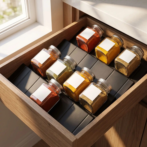 Rangement épices tiroirs en configuration gradins avec plusieurs pots d'épices colorés dans un tiroir de cuisine