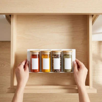 Mains installant un plateau de rangement épices tiroirs avec pots d'épices dans un tiroir de cuisine