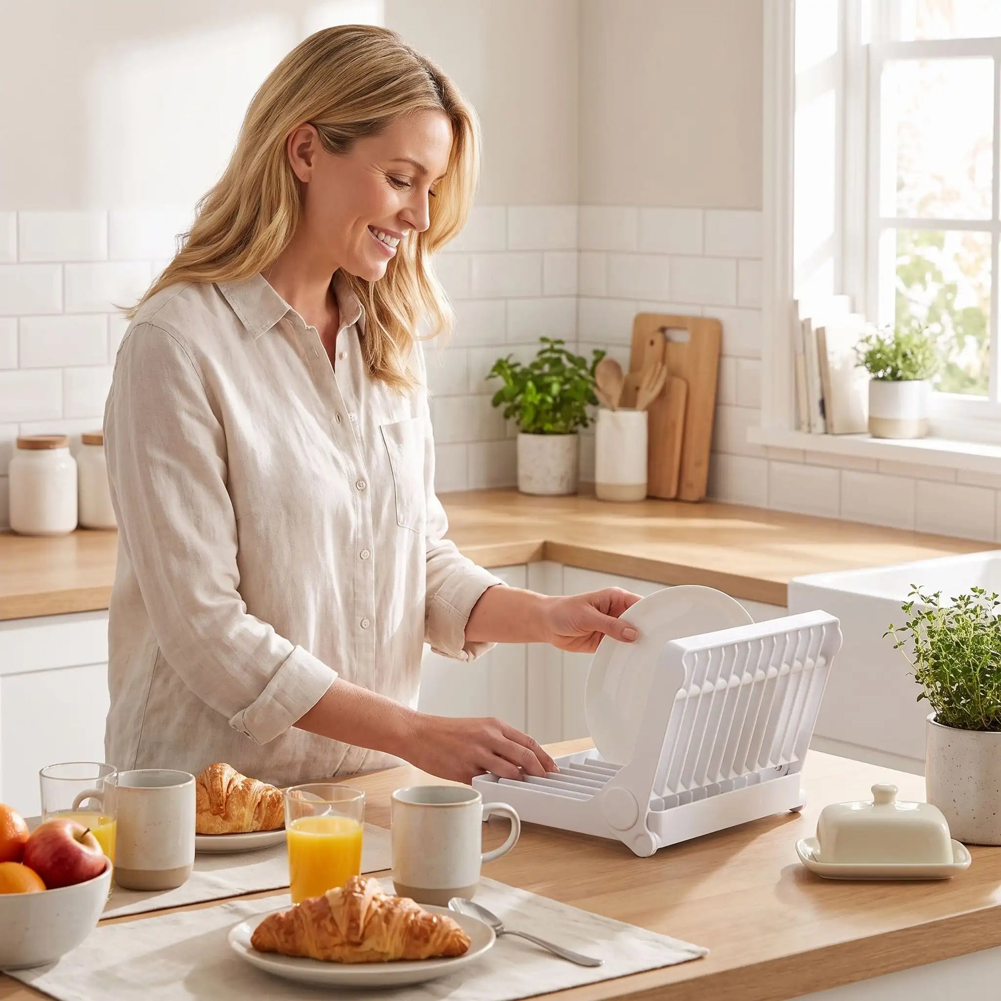 femme attrapant une assiette debout dans un support pliable blanc rangement placard cuisine matin lumineux