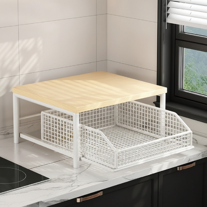 Support micro onde en métal peint blanc avec plateau en bois