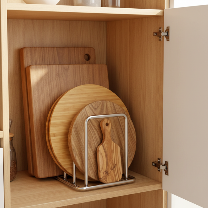 support planche à découper rangé dans le placard cuisine