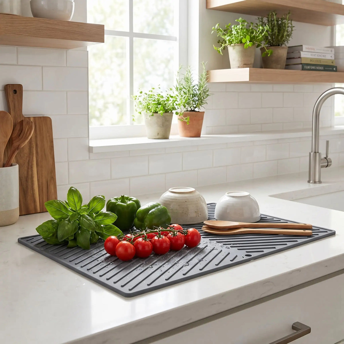 Tapis egouttoir vaisselle utilisé pour sécher des fruits et légumes frais
